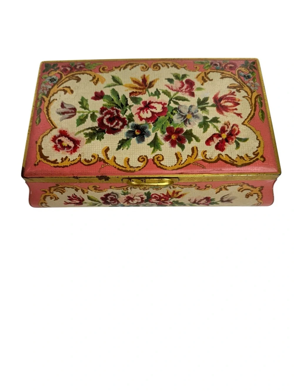 VINTAGE Tin made in Holland Hinged Lid Victorian floral Style trinket box